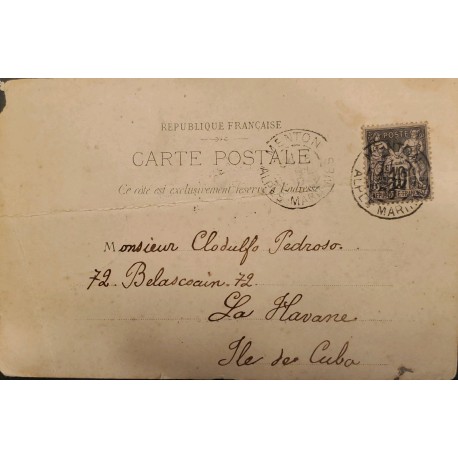 J) 1905 FRANCE, PEACE AND COMMERCE, POSTCARD, CIRCULATED COVER, FROM FRANCE TO CARIBE