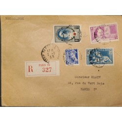 J) 1939 FRANCE, RED CROSS, REGISTERED, MULTIPLE STAMPS, AIRMAIL, CIRCULATED COVER, FROM FRANCE TO PARIS