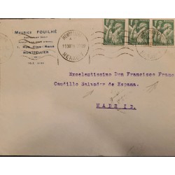 J) 1920 FRANCE, IRIS, STRIP OF 3, MULTIPLE STAMPS, AIRMAIL, CIRCULATED COVER, FROM FRANCE TO MADRID