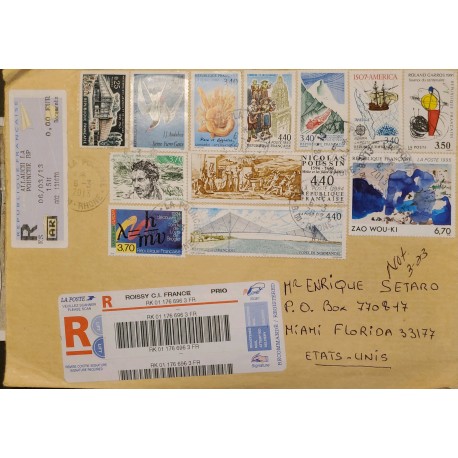 J) 2013 FRANCE, DOVE, CHURCH, LANDSCAPE, MULTIPLE STAMPS, AIRMAIL, CIRCULATED COVER, FROM FRANCE TO MIAMI