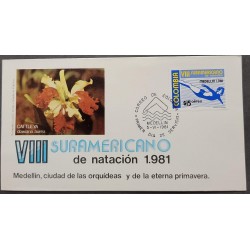 J) 1981 COLMBIA, CITY OF ORCHIDS AND ETERNAL SPRING VIII SOUTH AMERICAN SWIMMING, FDC