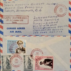 J) 1973 GUATEMALA, RED CANCELLATION, CENSUS, MULTIPLE STAMPS, AIRMAIL, CIRCULATED COVER, FROM GUATEMALA TO FINLAND