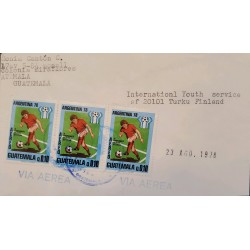 J) 1978 GUATEMALA, XI WORLD FOOTBALL CHAMPIONSHIP, STRIP OF 3, AIRMAIL, CIRCULATED COVER, FROM GUATEMALA TO FINLAND