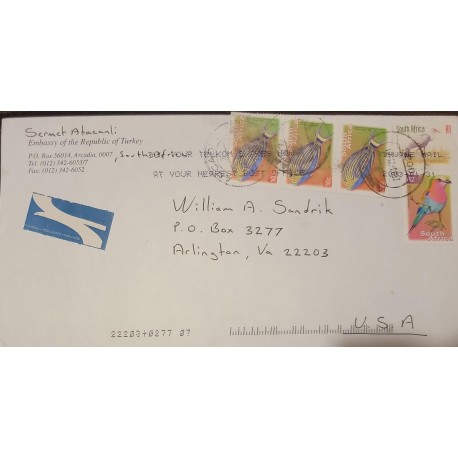 A) 2003, SOUTH AFRICA, FISHES AND BIRDS, LETTER TO THE UNITED STATES, AIRMAIL, XF