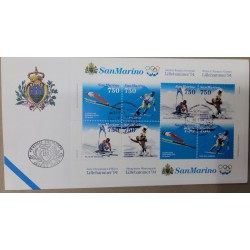 A) 1994, SAN MARINO, SPORTS, FDC, WINTER OLYMPIC GAMES. LILLEHAMMER. NORWAY, JUMPING, FREE DESCENT, GIANT SLALOM,