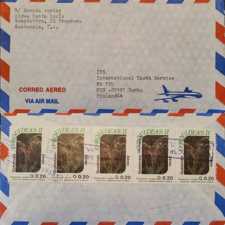 J) 1999 GUATEMALA, ORCHIDS, STRIP OF 5, AIRMAIL, CIRCULATED COVER, FROM GUATEMALA TO FINLAND
