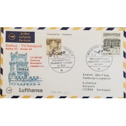 J) 1968 GERMANY BUILDING, FIRST INAUGURAL FLIGHT, MULTIPLE STAMPS, AIRMAIL, CIRCULATED COVER, FROM GERMANY TO PORTUGAL