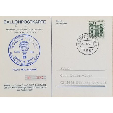 J) 1965 GERMANY, AEROSTATIC BALLOON CANCELLATION, POSTCARD, AIRMAIL, CIRCULATED COVER, FROM GERMANY