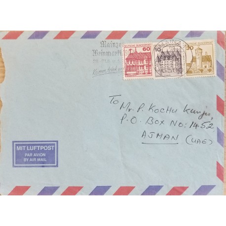 J) 1973 GERMANY, HOUSES, WITH SLOGAN CANCELLATION, MULTIPLE STAMPS, AIRMAIL, CIRCULATED COVER, FROM GERMANY TO AJMAN