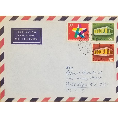 J) 1969 GERMANY, STAR, EUROPA CEPT, MULTIPLE STAMPS, AIRMAIL, CIRCULATED COVER, FROM GERMANY TO USA