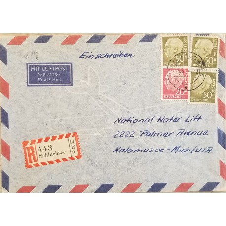 J) 1959 GERMANY, MULTIPLE STAMPS, AIRMAIL, CIRCULATED COVER FROM GERMANY TO USA