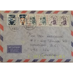 J) 1989 GERMANY, CILLY AUSSEM, NOFRETETE BERLIN, MULTIPLE STAMPS, AIRMAIL, CIRCULATED COVER, FROM GERMANY TO CANADA