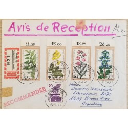 J) 1980 GERMANY, FLOWERS, NOTICE OF RECEIPT, MULTIPLE STAMPS, AIRMAIL, CIRCULATED COVER, FROM GERMANY TO ARGENTINA