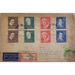 J) 1951 GERMANY, HELFER DER MENSCHHEIT, REGISTERED, MULTIPLE STAMPS, AIRMAIL, CIRCULATED COVER, FROM GERMANY TO USA