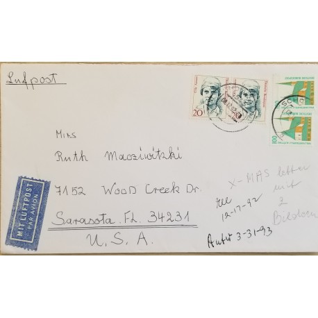 J) 1992 GERMANY, THERESE GIEHSE, MULTIPLE STAMPS, AIRMAIL, CIRCULATED COVER, FROM GERMANY TO FLORIDA