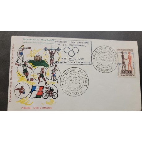 A) 1960 MADAGASCAR, FIRST NATIONAL SPORTS GAMES. TANANARIVO, FDC, WITH CANCELLATION, XF