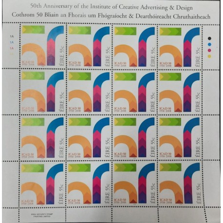 A) 2008, IRELAND, ANNIVERSARY OF THE INSTITUTE OF DESIGN AND CREATIVE ADVERTISING ICAD, BLOCK OF 16 STAMPS, MNH