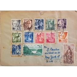 J) 1947 GERMANY, JOHAN PETER HEBEL, MULTIPLE STAMPS, AIRMAIL, CIRCULATED COVER, FROM GERMANY TO NEW YORK