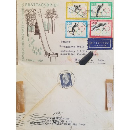 J) 1959 GERMANY, OLYMPIC GAMES, SKI, MULTIPLE STAMPS, REGISTERED, AIRMAIL, CIRCULATED COVER, FROM GERMANY TO HABANNA