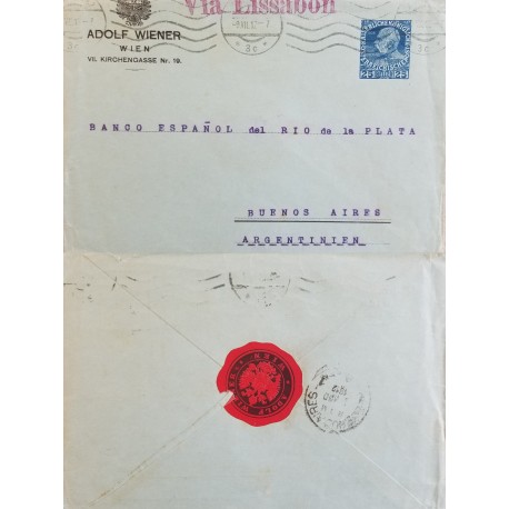 J) 1930 AUSTRIA, ADOLF WINNER, NATIONAL BANK OF RIO DE LA PLATA, FROM AUSTRIA TO BUENOS AIRES, VIA LISSABON