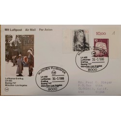 J) 1986 GERMANY, BUS, FIRST INAUGURAL FLIGTH, MULTIPLE STAMPS, AIRMAIL, CIRCULATED COVER, FROM GERMANY TO CALIFORNIA, XF