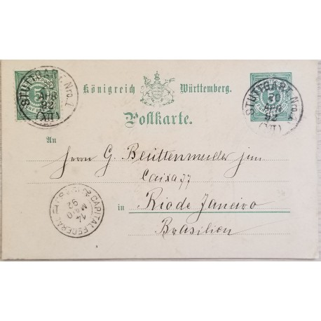 J) 1892 GERMANY, POSTCARD, POSTAL STATIONARY, NUMERAL 5 CENTS GREEN, CIRCULATED COVER, FROM GERMANY TO BRAZIL