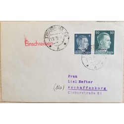 J) 1944 GERMANY, NAZI, HITLER, MULTIPLE STAMPS, AIRMAIL, CIRCULATED COVER, FROM GERMANY TO ASCHAFFENBURG
