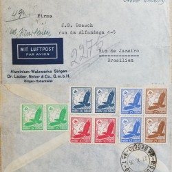 J) 1936 GERMANY, EAGLE, NAZI, MULTIPLE STAMPS, AIRMAIL, CIRCULATED COVER, FROM GERMANY TO RIO DE JANEIRO