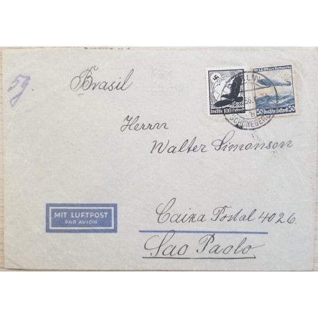 J) 1936 GERMANY, EAGLE, NAZI, MULTIPLE STAMPS, AIRMAIL, CIRCULATED COVER, FROM GERMANY TO SAO PAULO