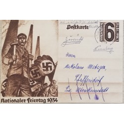 J) 1934 GERMANY, NUERAL 6 CENTS BROWN, POSTCARD, POSTAL STATIOARY, CIRCULATED COVER, FROM GERMANY TO HAMBOURG