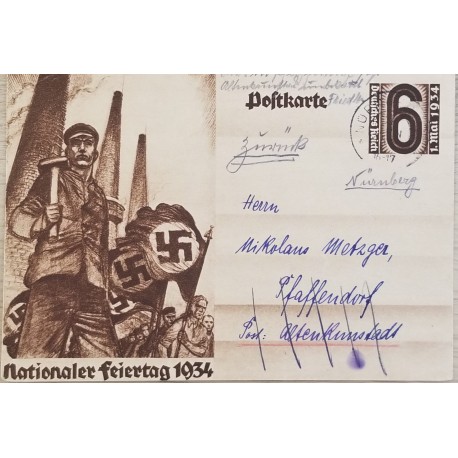 J) 1934 GERMANY, NUERAL 6 CENTS BROWN, POSTCARD, POSTAL STATIOARY, CIRCULATED COVER, FROM GERMANY TO HAMBOURG
