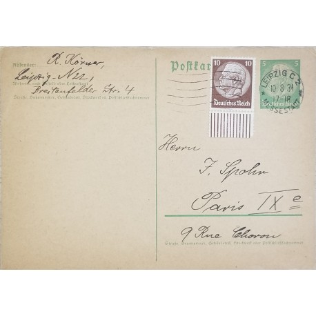 J) 1934 GERMANY, PRESIDENT, POSTCARD, AIRMAIL, CIRCULATED COVER, FROM GERMANY TO PARIS
