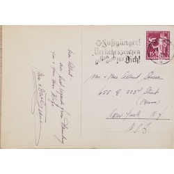 J) 1920 GERMANY, GERMAN EMPIRE, WITH SLOGAN CANCELLATION, POSTCARD, FROM GERMANY TO NEW YORK