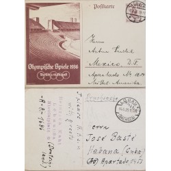 J) 1936 GERMANY, OLYMPIC, BELL, POSTCARD, AIRMAIL, CIRCULATED COVER, FROM GERMANY TO MEXICO
