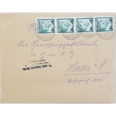 J) 1935 GERMANY, MOTHER AND CHILD, STRIP OF 4, MULTIPLE STAMPS, AIRMAIL, CIRCULATED COVER, FROM GERMANY
