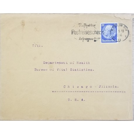 J) 1933 GERMANY, PRESIDENT, WITH SLOGAN CANCELLATION, AIRMAIL, CIRCULATED COVER, FROM GERMANY TO CHICAGO