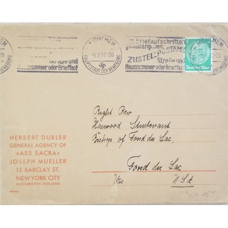 J) 1937 GERMANY,, PRESIDENT, WITH SLOGAN CANCELLATION, AIRMAIL, CIRCULATED COVER, FROM GERMANY TO NEW YORK