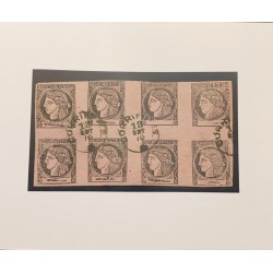 J) 1876 ARGENTINA, CORRIENTES, SCOTT 7, DEEP BLACK ON LILAC-PINK, A COMPLETE OF 8 4X2 SUBJECTS, WITH LARGE