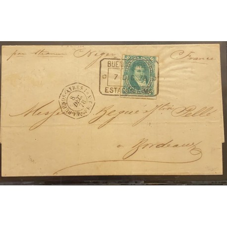 J) 1978 ARGENTINA, SCOTT 35, GREEN RULETED STAMP, A SINGLE EXAMPLE USED IN THE COMPLETE 1878 LETTER TO BORDEAUX