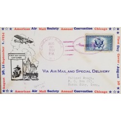 J) 1934 UNITED STATES, SHIELD, SPECIAL DELIVERY, AIRMAIL, CIRCULATED COVER, FROM CHICAGO TO MASON CITY