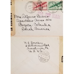 J) 1943 UNITED STATES, OPEN BY EXAMINER, AIRPLANE, MULTIPLE STAMPS, AIRMAIL, CIRCULATED COVER, FROM USA TO COLOMBIA