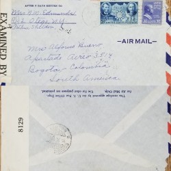 J) 1942 UNITED STATES, THEODORE ROOSVELT, MAP, OPEN BY EXAMINER, MULTIPLE STAMPS, AIRMAIL, CIRCULATED COVER