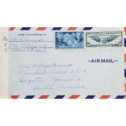 J) 1942 UNITED STATES, TRANS-ATLANTIC, MAP, OPEN BY EXAMINER, MULTIPLE STAMPS, AIRMAIL, CIRCULATED COVER, FROM USA RO COLOMBIA