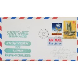J) 1966 UNITED NATIONS, FIRST JET NON STOM SERVICE NEW YORK TO LIMA, MULTIPLE STAMPS, AIRMAIL