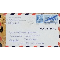 J) 1943 UNITED STATES, JAMES MONROE, AIRPLANE, OPEN BY EXAMINER, MULTIPLE STAMPS, AIRMAIL, CIRCULATED COVER