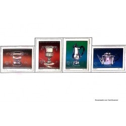 P) 1985 SOUTH AFRICA, CAPE TOWN SILVERWARE, SUGAR VESSEL, TEAPOT, CUP, COFEE, SET OF 4 STAMPS, XF