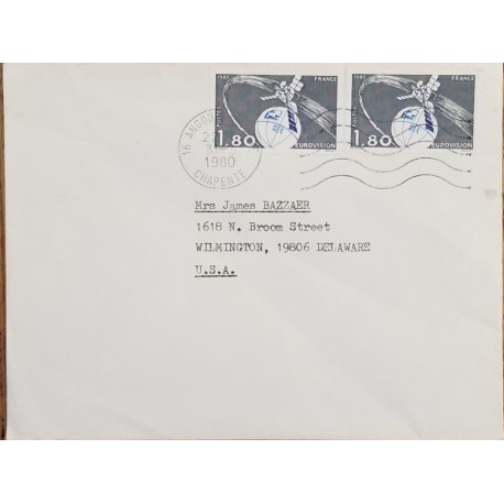 J) 1980 FRANCE, SATELLITE, PAIR, AIRMAIL, CIRCULATED COVER, FROM FRANCE TO USA