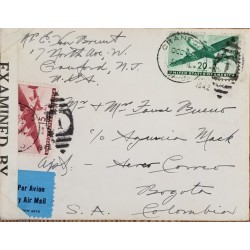 J) 1942 UNITED STATES, AIRPLANE, OPEN BY EXAMINER, MULTIPLE STAMPS, AIRMAIL, CIRCULATED COVER, FROM NEW YORK TO COLOMBIA