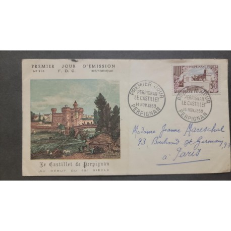P) 1959 FRANCE, PERPIGNAN CASTLE STAMP, FDC, SHIPPER FROM GERMANY TO PARIS, WITH CANCELLATION, XF