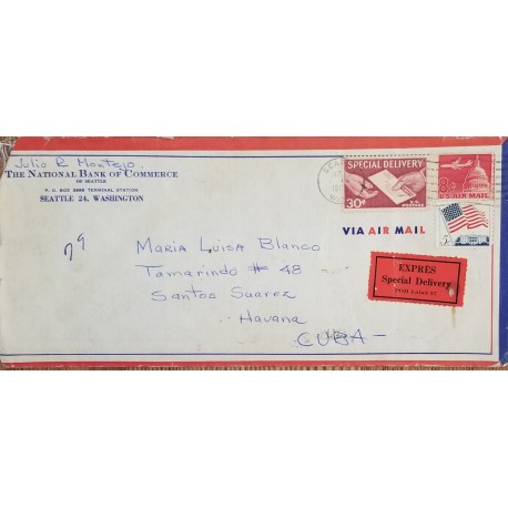 J) 1905 UNITED STATES, SPECIALDELIVERY, POSTAGE, AIRPLANE OVER CITY, FLAG, MULTIPLE STAMPS, AIRMAIL, CIRCULATED COVER